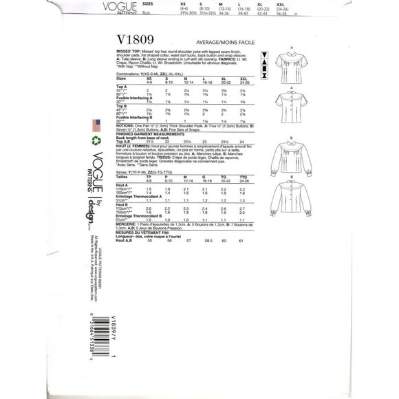 Vogue V1809 Misses L to XXL Circa 1947 Top UNCUT Sewing Pattern - Picture 2 of 2